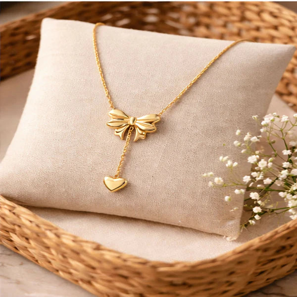 DropKart | ✨ Elegant Gold Bow Heart Pendant Necklace for Women — Delicate Chain with Stylish Everyday & Party Wear Charm Jewelry