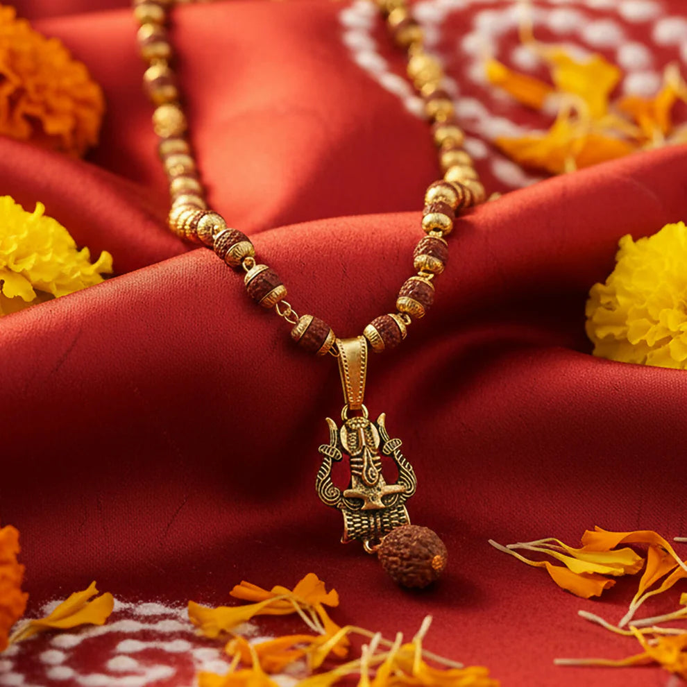 DropKart | Trishul Shivling Gold Pendant & Rudraksha Mala