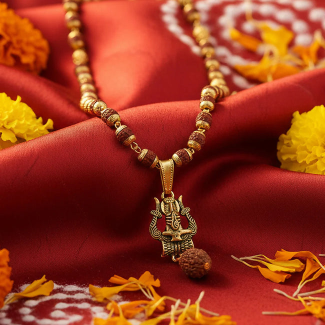 DropKart | Trishul Shivling Gold Pendant & Rudraksha Mala Hover Image