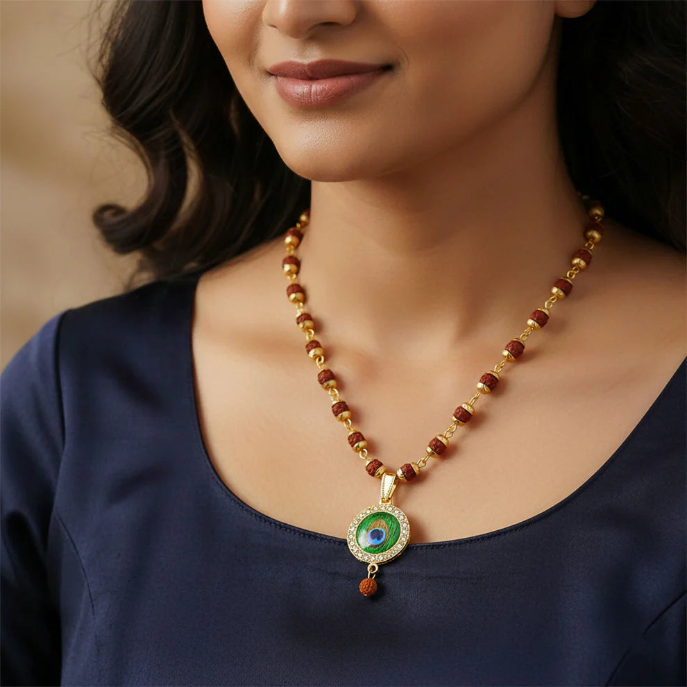DropKart |  Gold Plated Peacock Feather Pendant & Rudraksha Mala