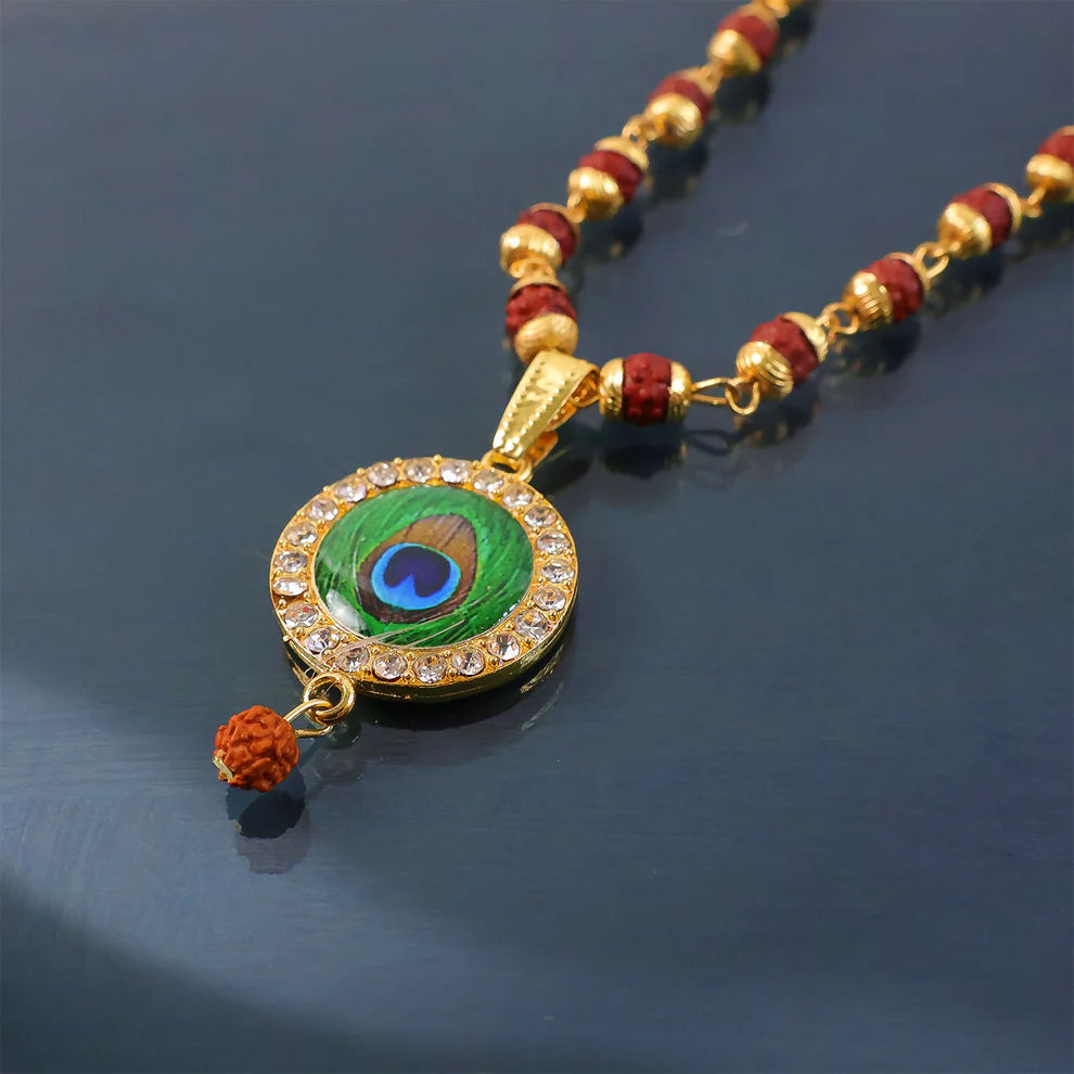 DropKart |  Gold Plated Peacock Feather Pendant & Rudraksha Mala