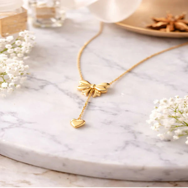 DropKart | ✨ Elegant Gold Bow Heart Pendant Necklace for Women — Delicate Chain with Stylish Everyday & Party Wear Charm Jewelry Hover Image