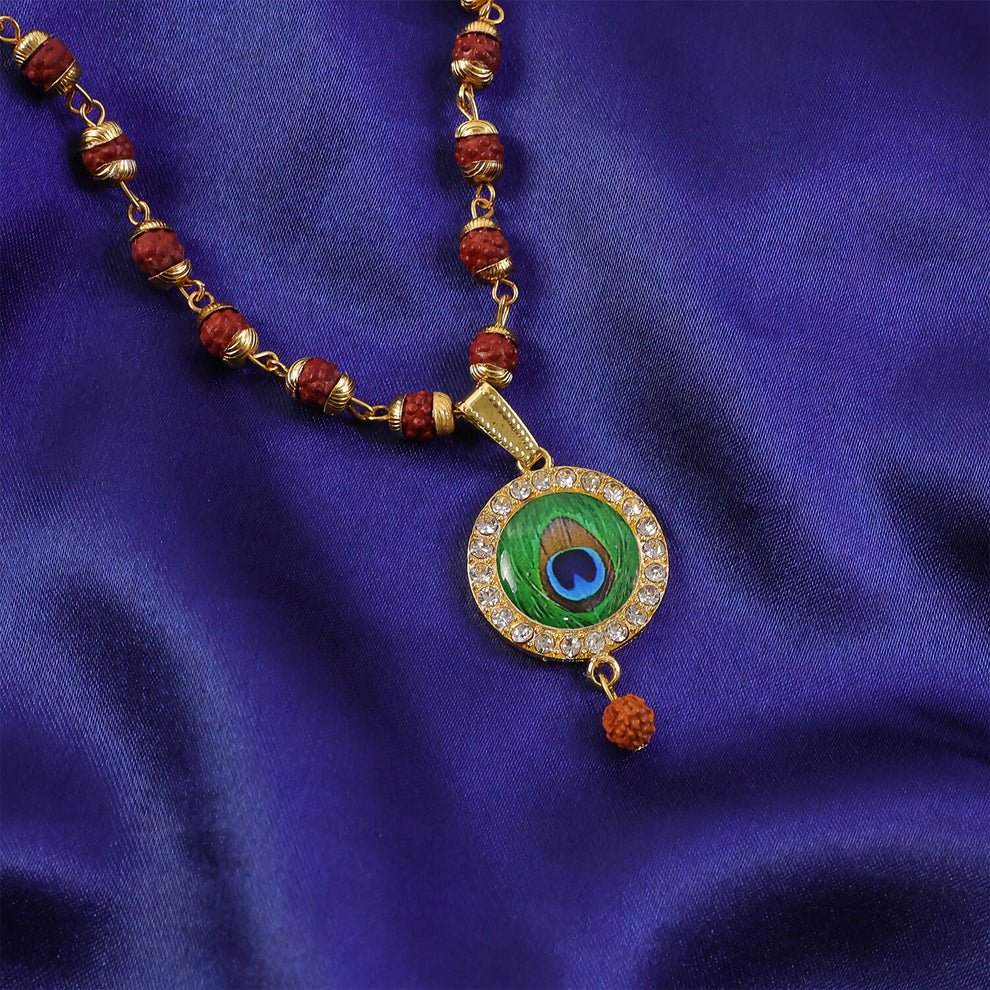 DropKart |  Gold Plated Peacock Feather Pendant & Rudraksha Mala