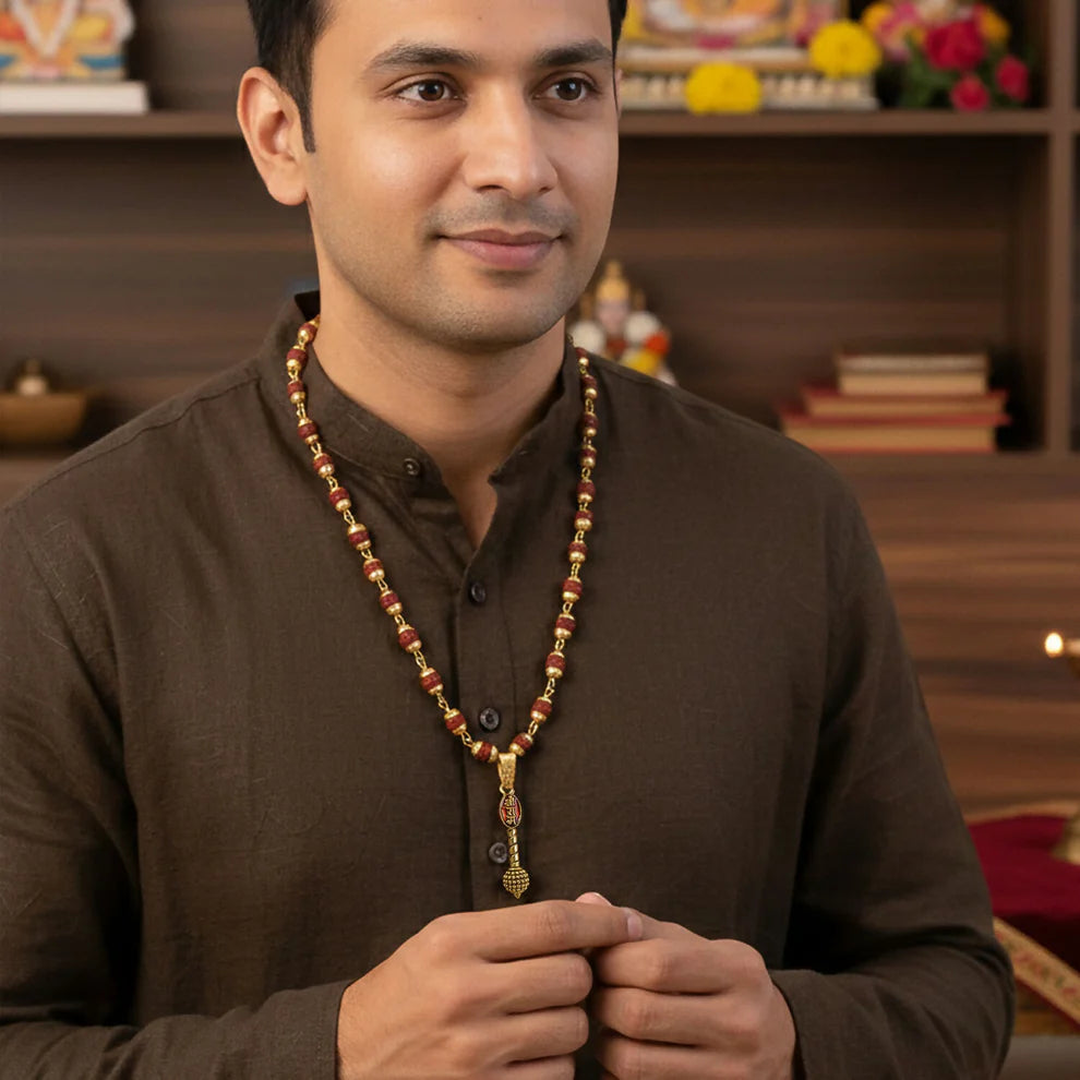 DropKart | Ram Naam Gada Gold Plated Pendant with Rudraksha Bracelet Combo