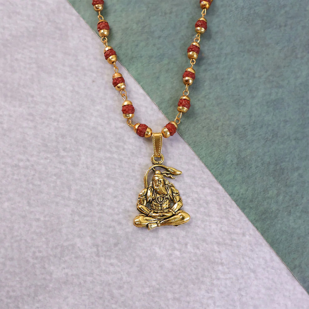 DropKart | Hanuman Pendant Gold Plated & Rudraksha Bead Mala