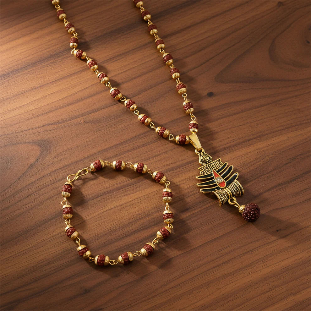 DropKart | Mahakal Trishul Pendant with Rudraksha Mala & Bracelet Combo