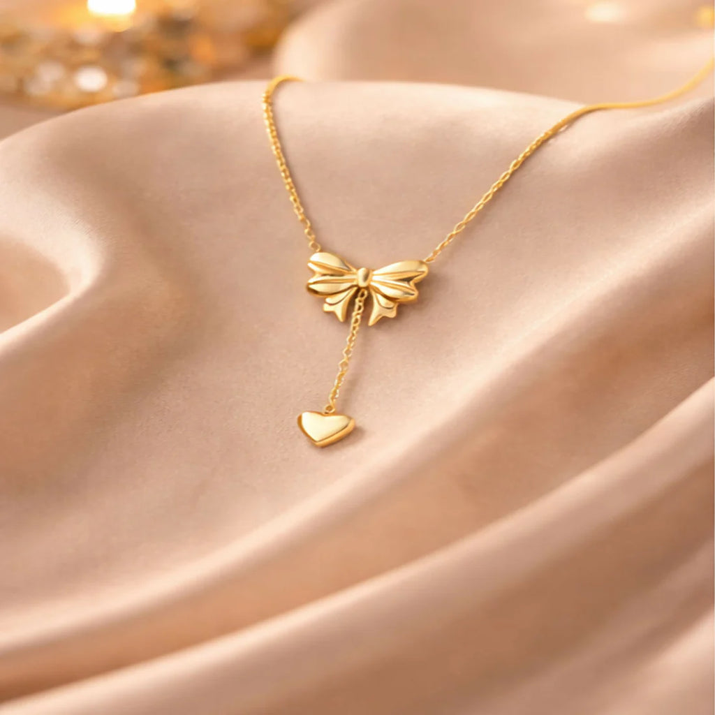 DropKart | ✨ Elegant Gold Bow Heart Pendant Necklace for Women — Delicate Chain with Stylish Everyday & Party Wear Charm Jewelry