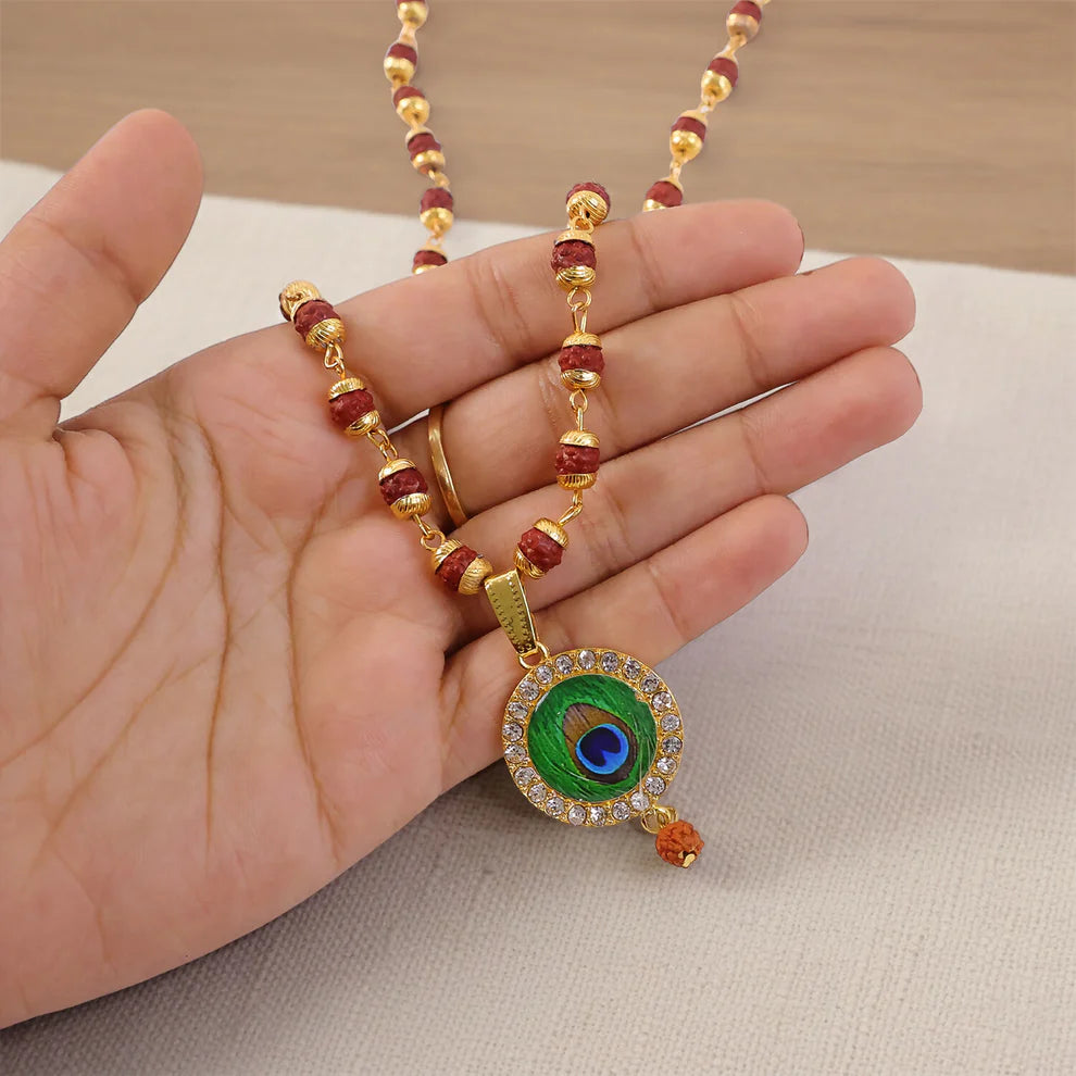 DropKart |  Gold Plated Peacock Feather Pendant & Rudraksha Mala