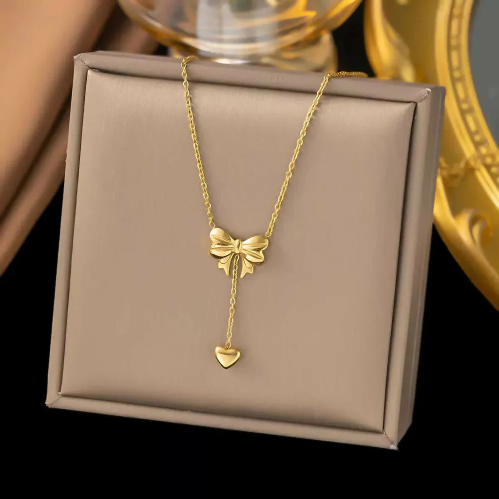 DropKart | ✨ Elegant Gold Bow Heart Pendant Necklace for Women — Delicate Chain with Stylish Everyday & Party Wear Charm Jewelry