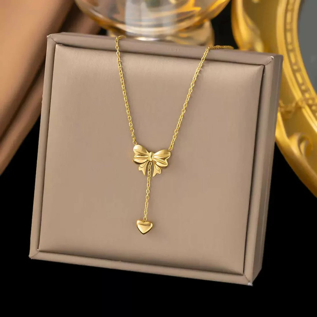 DropKart | ✨ Elegant Gold Bow Heart Pendant Necklace for Women — Delicate Chain with Stylish Everyday & Party Wear Charm Jewelry